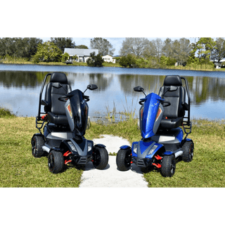Black and Blue EV Rider Vita Monster Scooters by the Lake