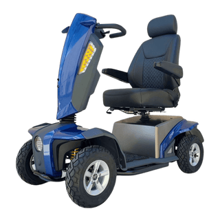 Blue VitaXpress 4 Wheel All Terrain Mobility Scooter Angled View
