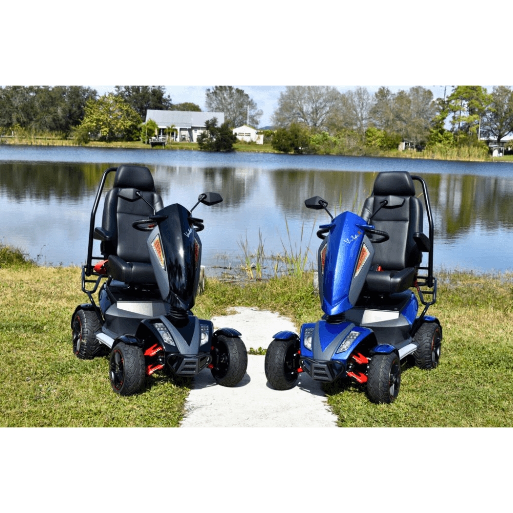 Black and Blue EV Rider Vita Monster Scooters by the Lake