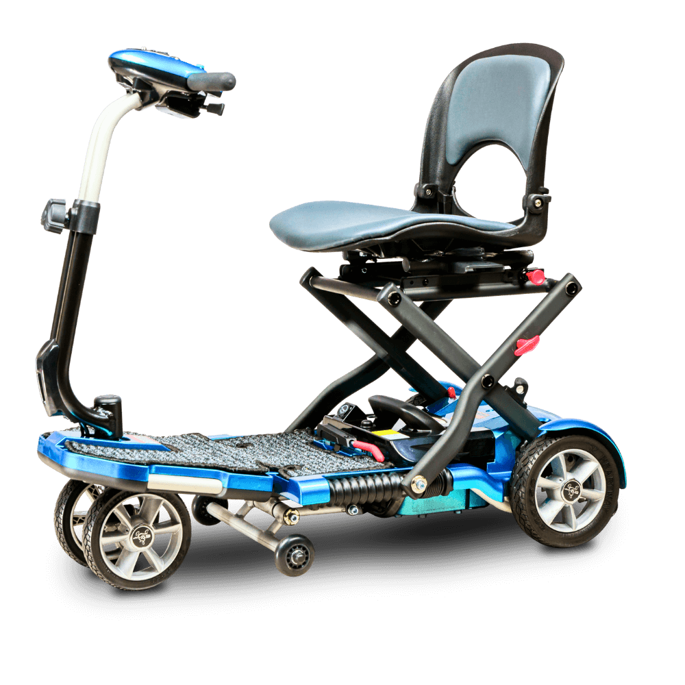 Blue Transport Plus Foldable Mobility Scooter Open Box Side View