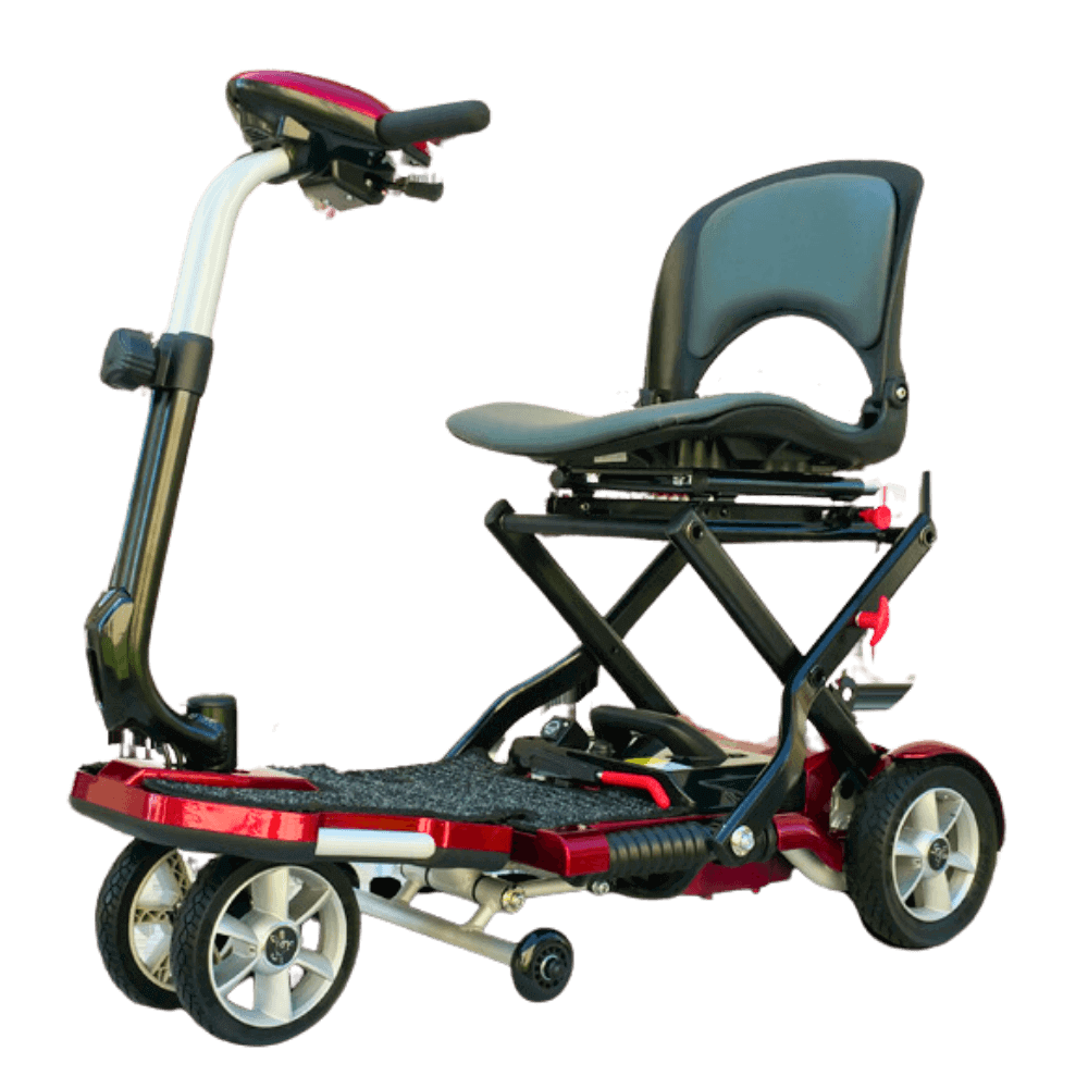 Open Box Red Transport Plus Foldable Mobility Scooter -  Angled View