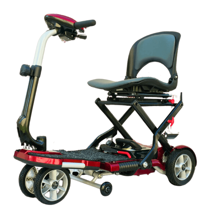 Open Box Red Transport Plus Foldable Mobility Scooter -  Angled View