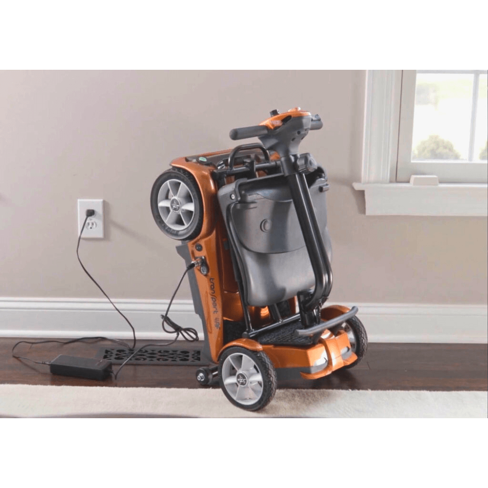 Folded Jupiter Gold EV Rider Auto Fold Transport 4AF Mobility Scooter - Open Box Charging
