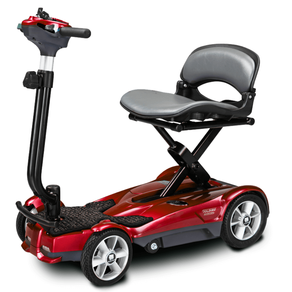 Metallic Red EV Rider Auto Fold Transport 4AF Mobility Scooter - Open Box Angled View
