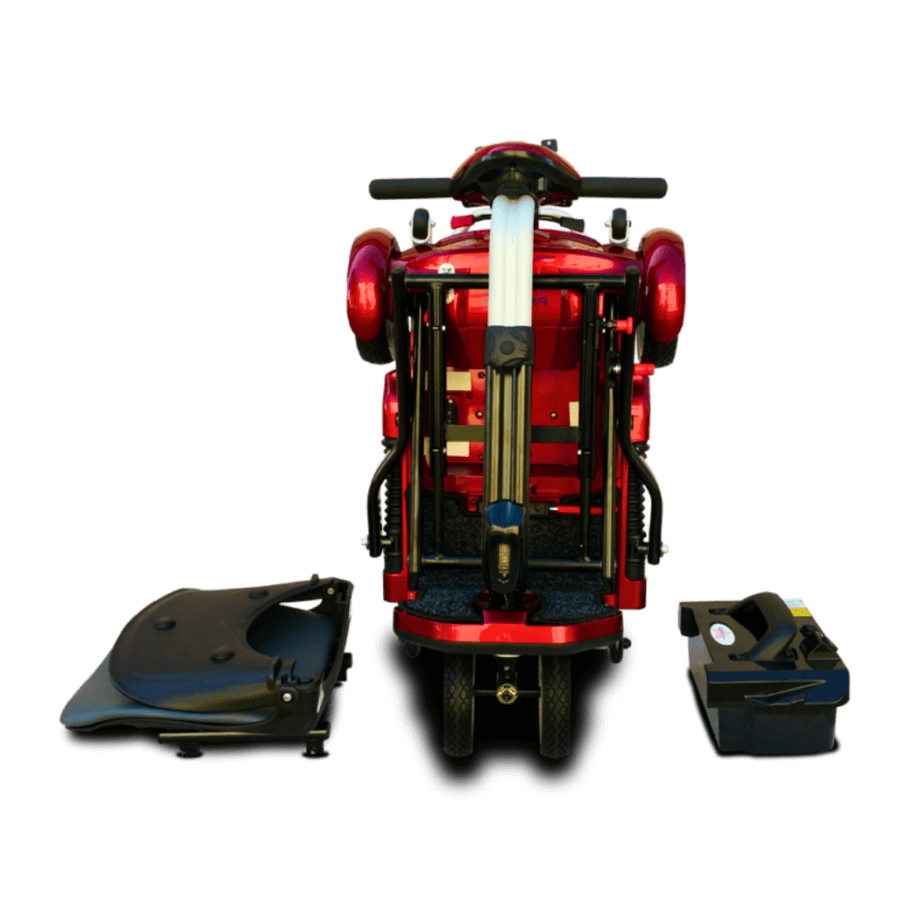 Open Box Red Transport Plus Foldable Mobility Scooter Folded with Components
