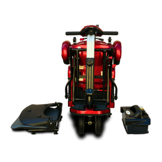 Open Box Red Transport Plus Foldable Mobility Scooter Folded with Components