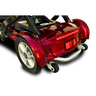 Open Box Red Transport Plus Foldable Mobility Scooter Rear Wheel Close-Up