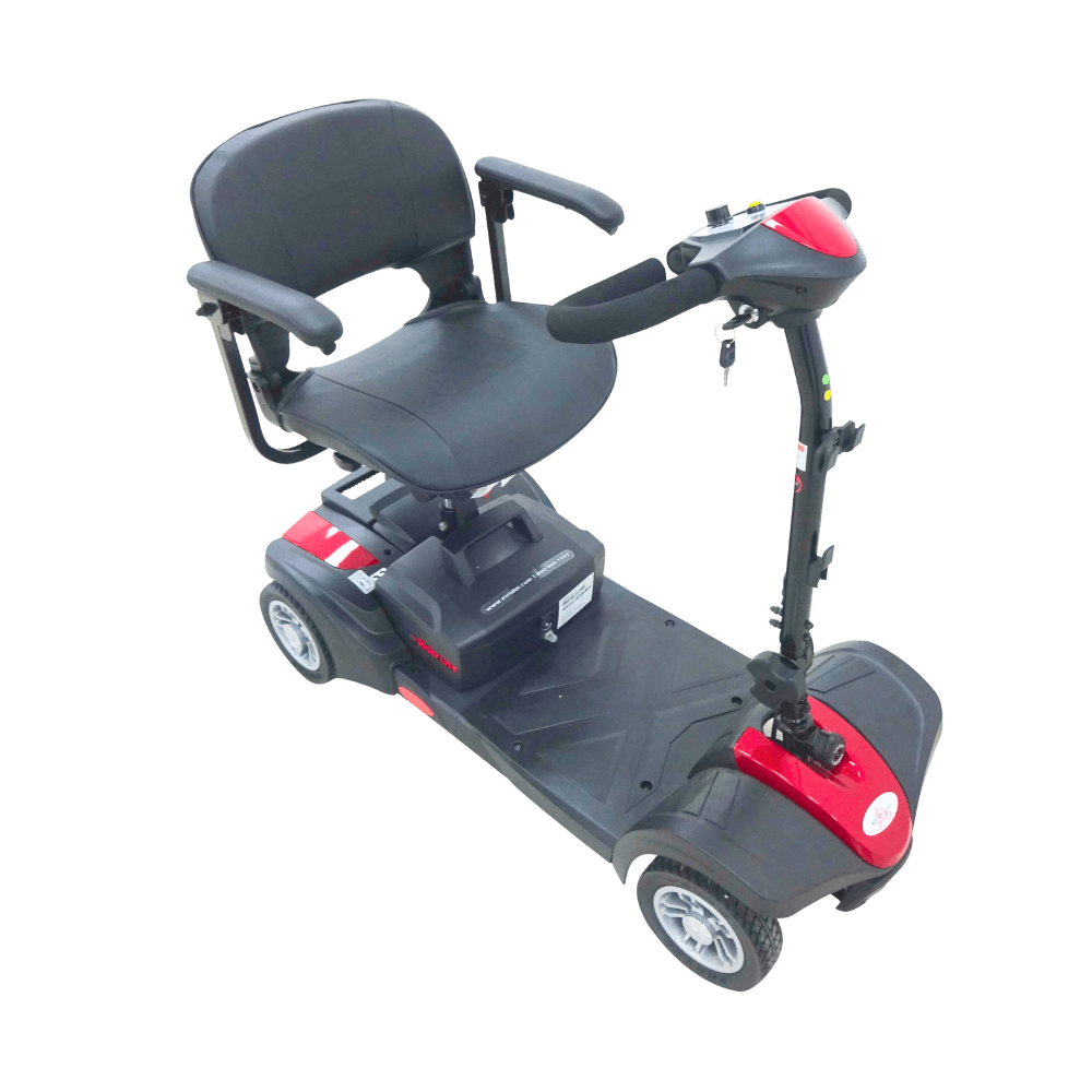 Red MiniRider Lite Portable Mobility Scooter Open Box Angled View