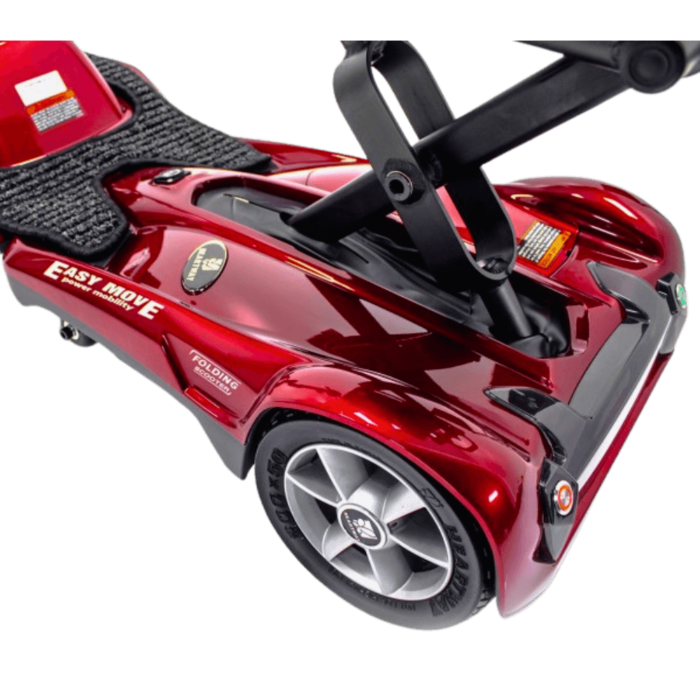 Red Transport AF+ Mobility Scooter Open Box Rear Tire Close-up