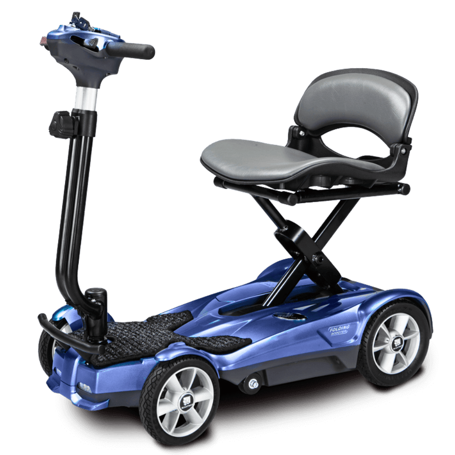 Saphire Blue EV Rider Auto Fold Transport 4AF Mobility Scooter - Open Box Angled View
